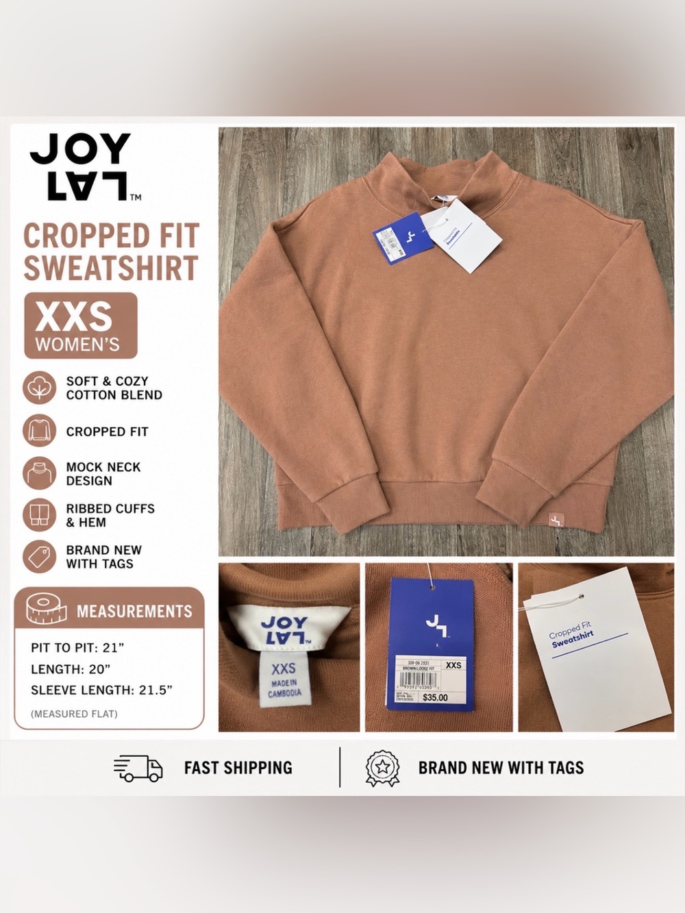 NWT JoyLab Cropped Fit Sweatshirt – Women’s XXS – Beaver Fur Brown Mock